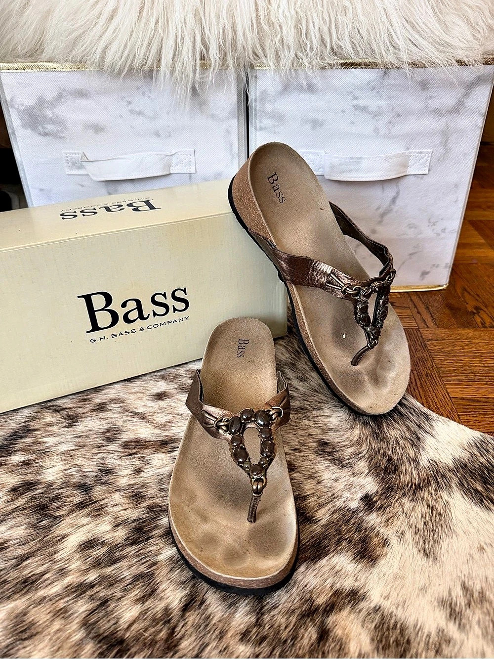 G.H. Bass & Co. Bronze Metallic Beaded T-Strap Thong Sandals with Cushioned Foot